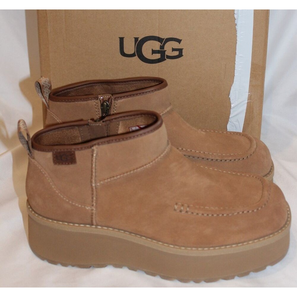 UGG WOMEN'S ULTRA MINI CITYFUNC SUEDE ZIP PLATFORM BOOTS SZ 10 NEW! CHESTNUT